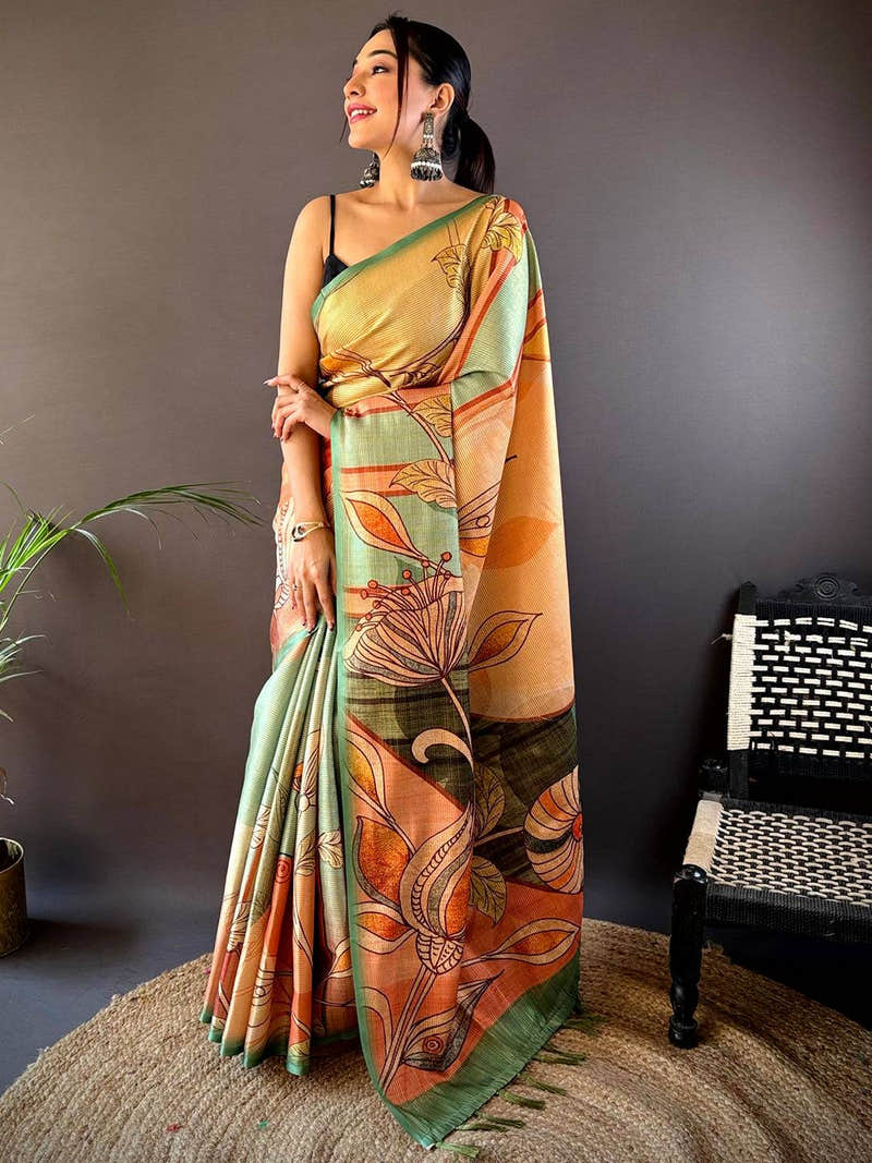 Jade Green Zari Tussar Printed Saree
