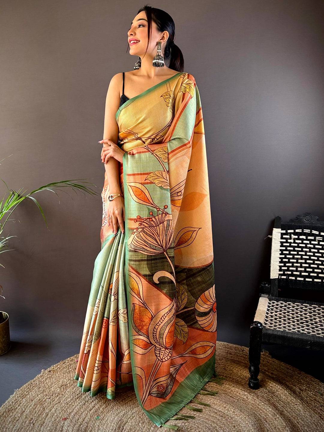 Jade Green Zari Tussar Printed Saree