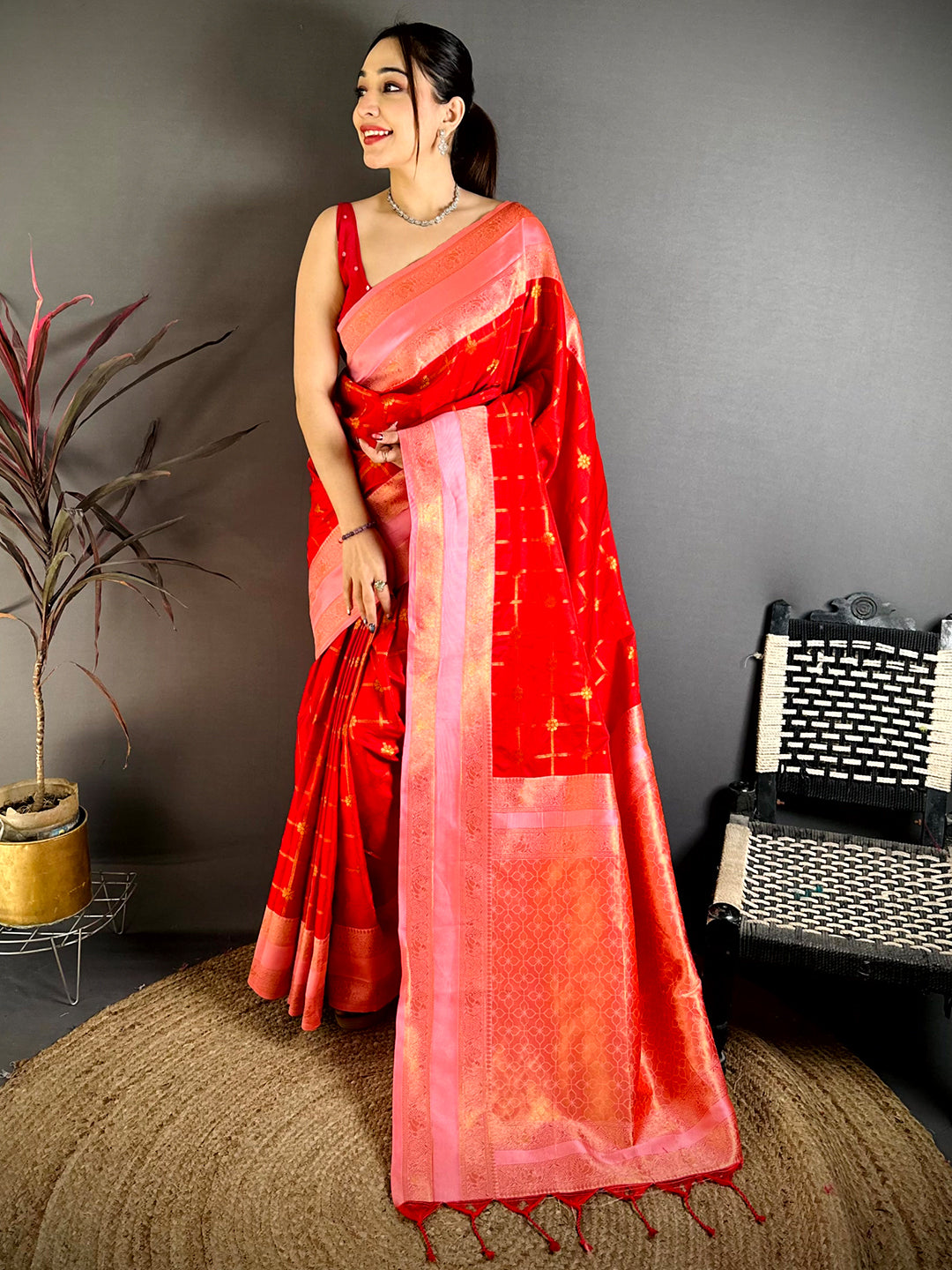Red Check Weave Gadwal Saree