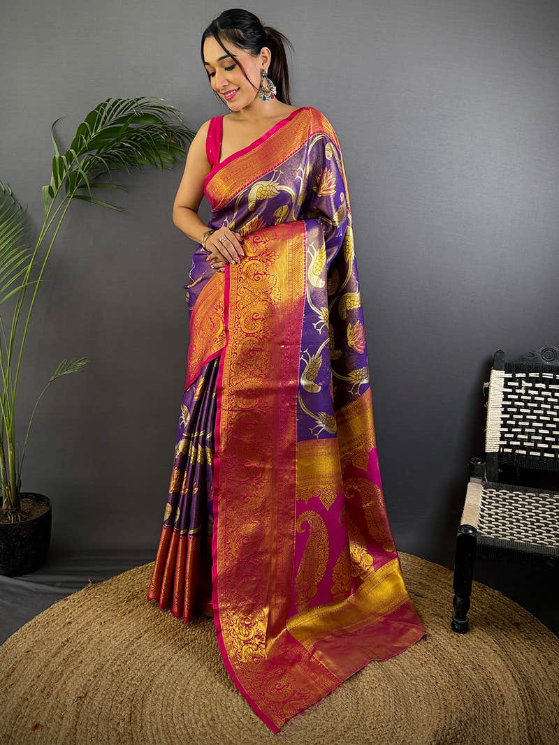 Purple Dharmavaram Gold Birds Print Saree