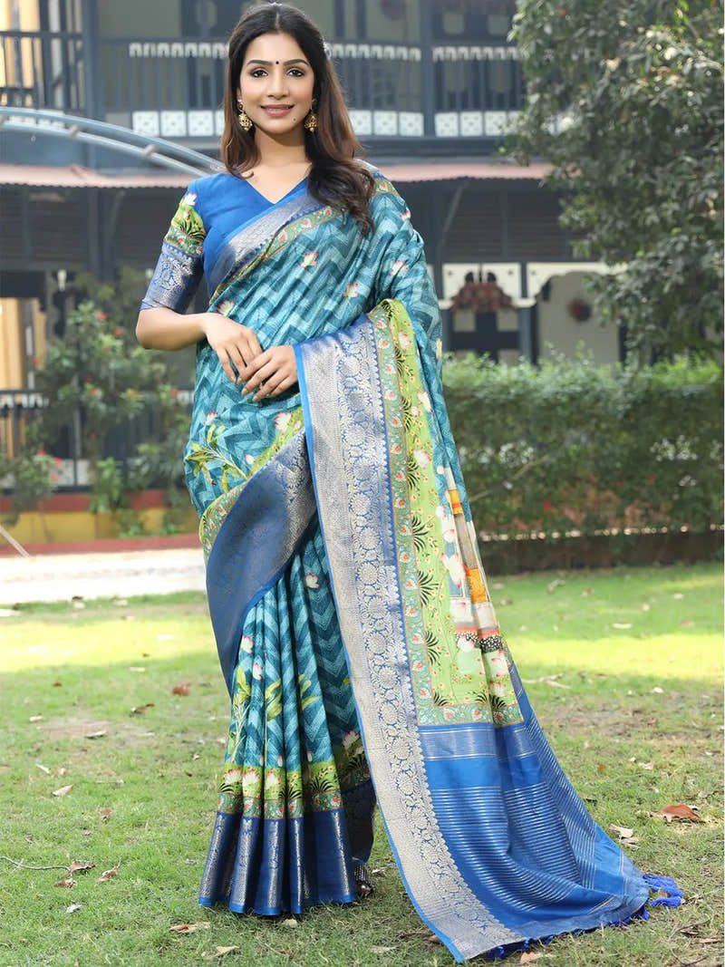 Blue Colour Viscose Dola Silk Saree with Pichwai Kalamkari Print - Luxe