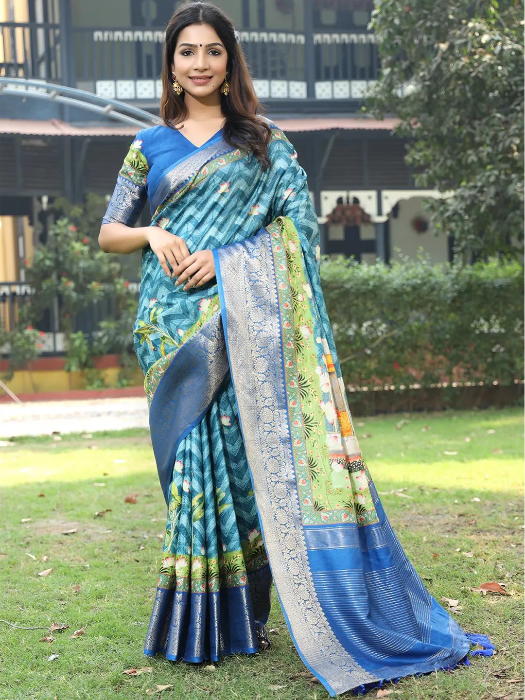 Blue Viscose Dola Silk Saree With Pichwai Kalamkari Print