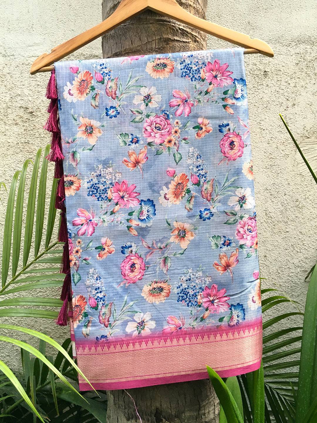 Light Purple Kota Flower Digital Print Saree with tassels