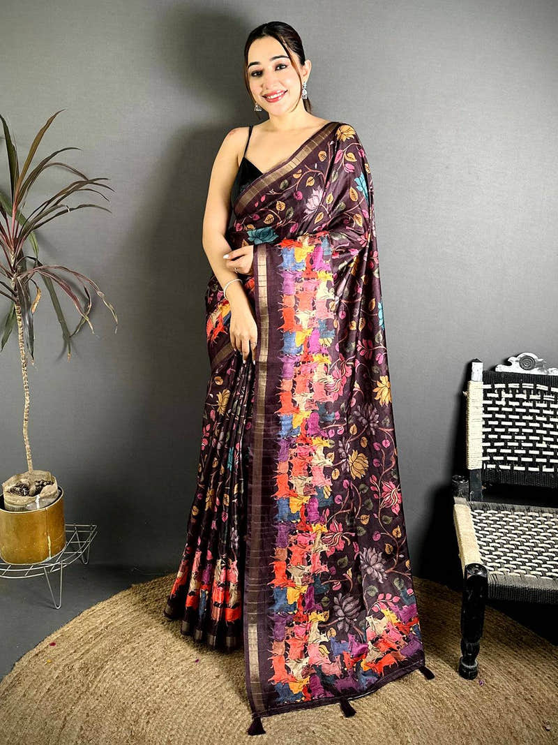 Radiance Ghicha Tussar Pen Kalamkari Saree