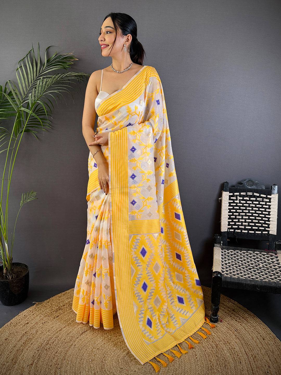 Elegant Yellow Soft Cotton Silk Jamdani Saree