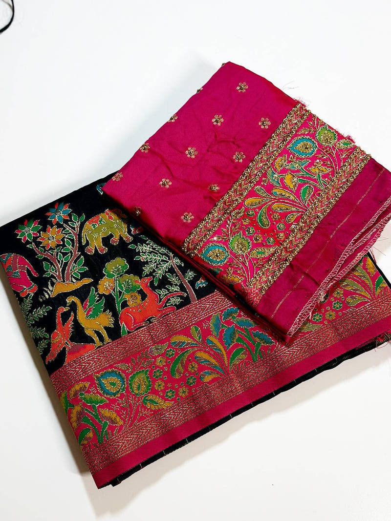 Black Soft Semi Silk Minakari Weave Saree With Maggam Blouse