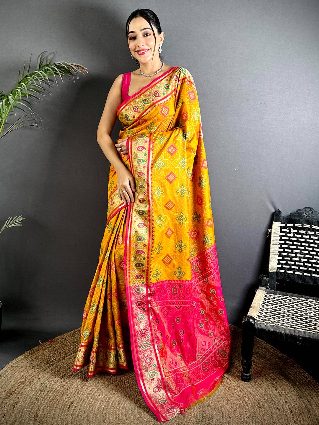 Yellow Soft Silk Saree With Patola Weaving