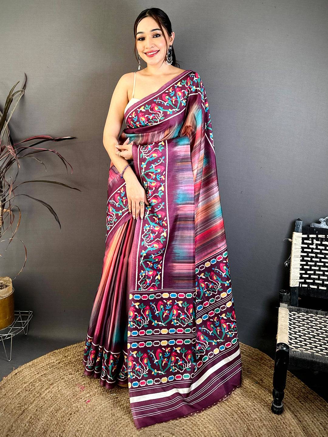Classic Parrot Ikkat Print Tussar Saree