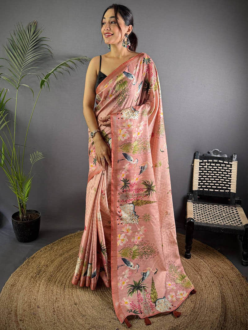 Rose Pink Pichwai Print Tussar Silk Saree