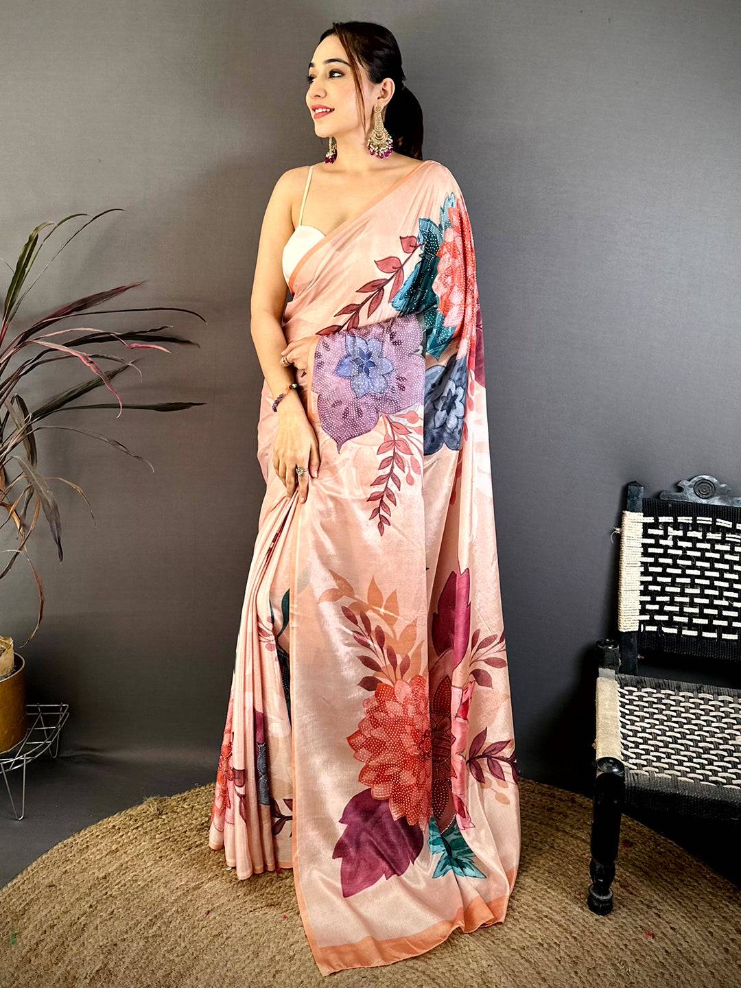 Peach Soft Chiffon Floral Stone Work Saree
