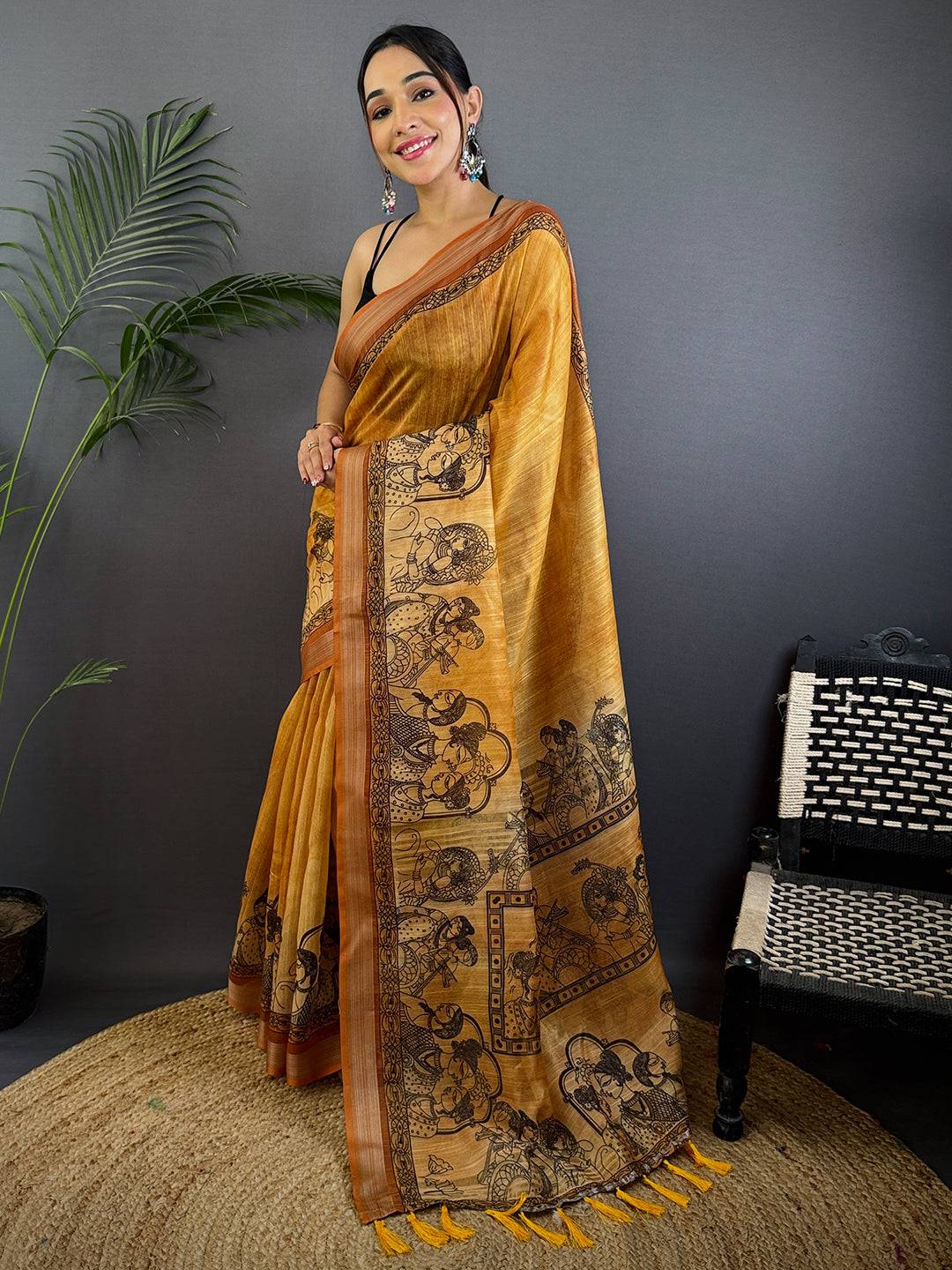 Mustard Linen Kalamkari Printed Saree