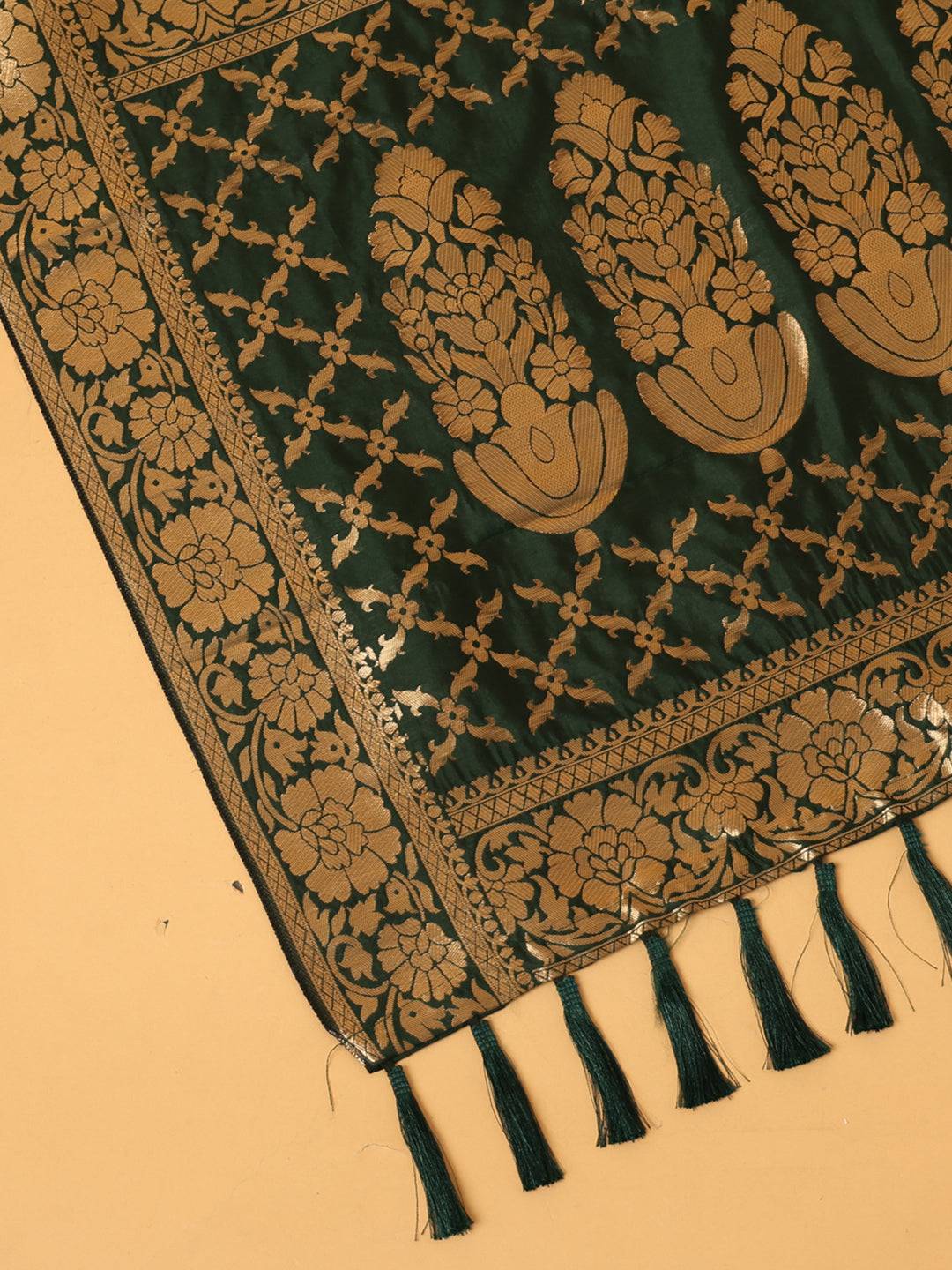 Close-up of Bollywood silk blend woven design dupatta.