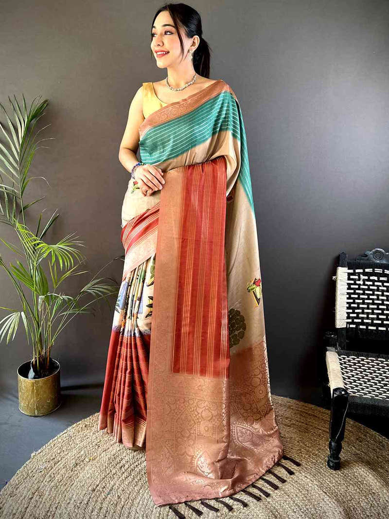 Teal Soft Crepe Silk Ombre Print Saree