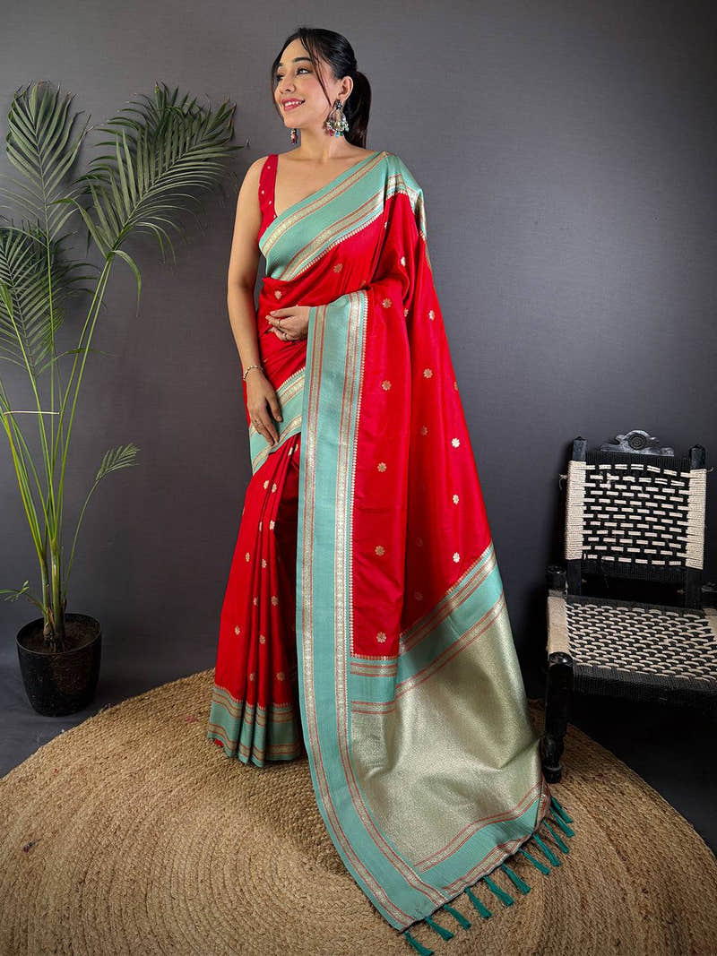 Royal Red Soft Silk Floral Butta Saree