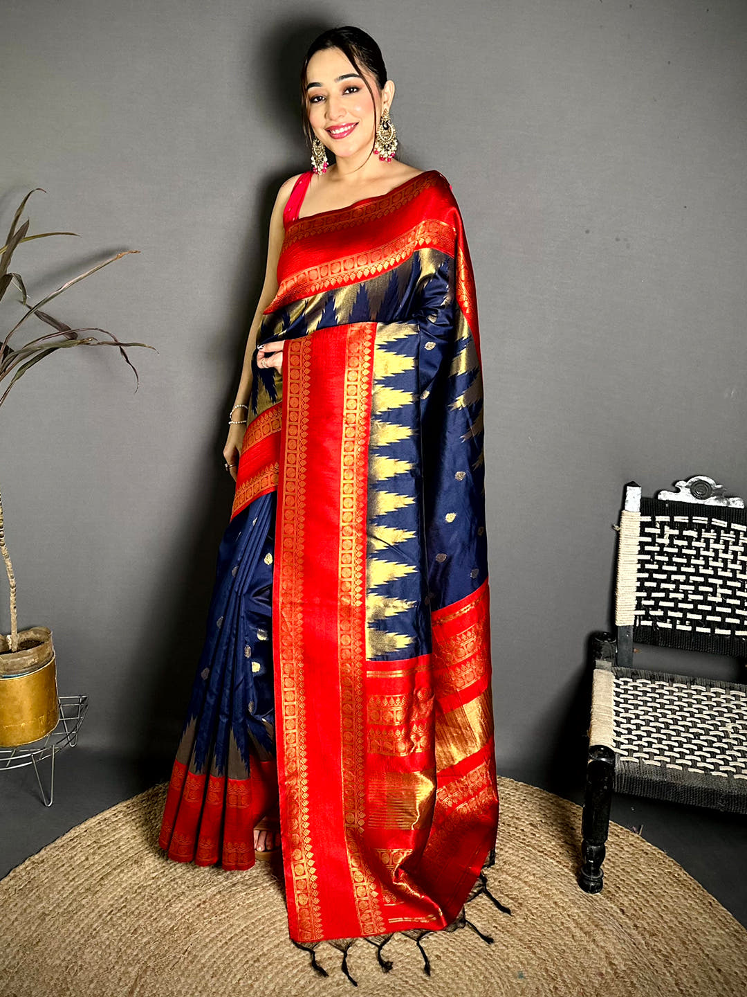 Navy Blue Rudraksha Temple Weave Katan Silk Saree