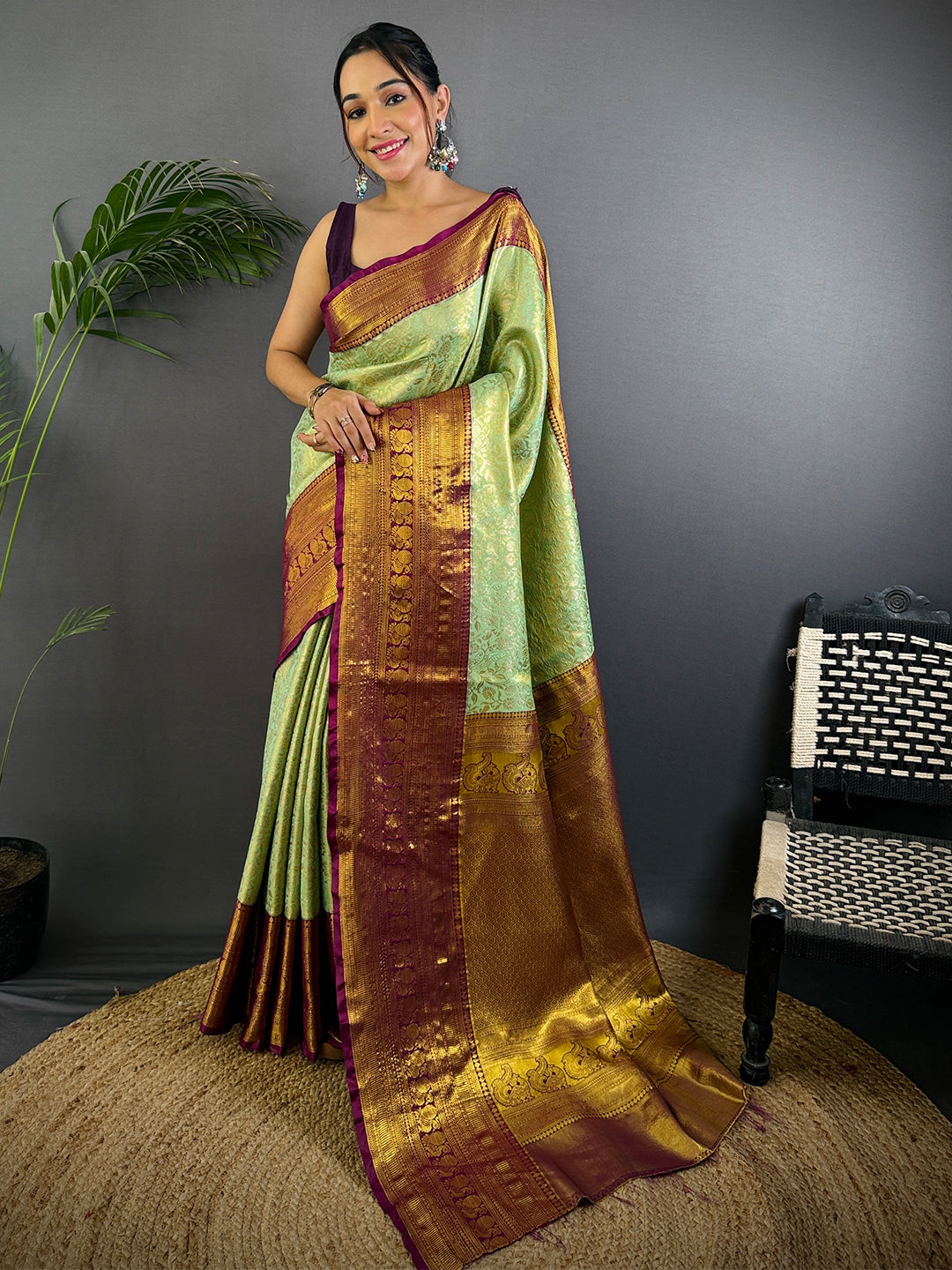 Pastel Mint Green Dharmavaram Silk Saree With Maggam Blouse