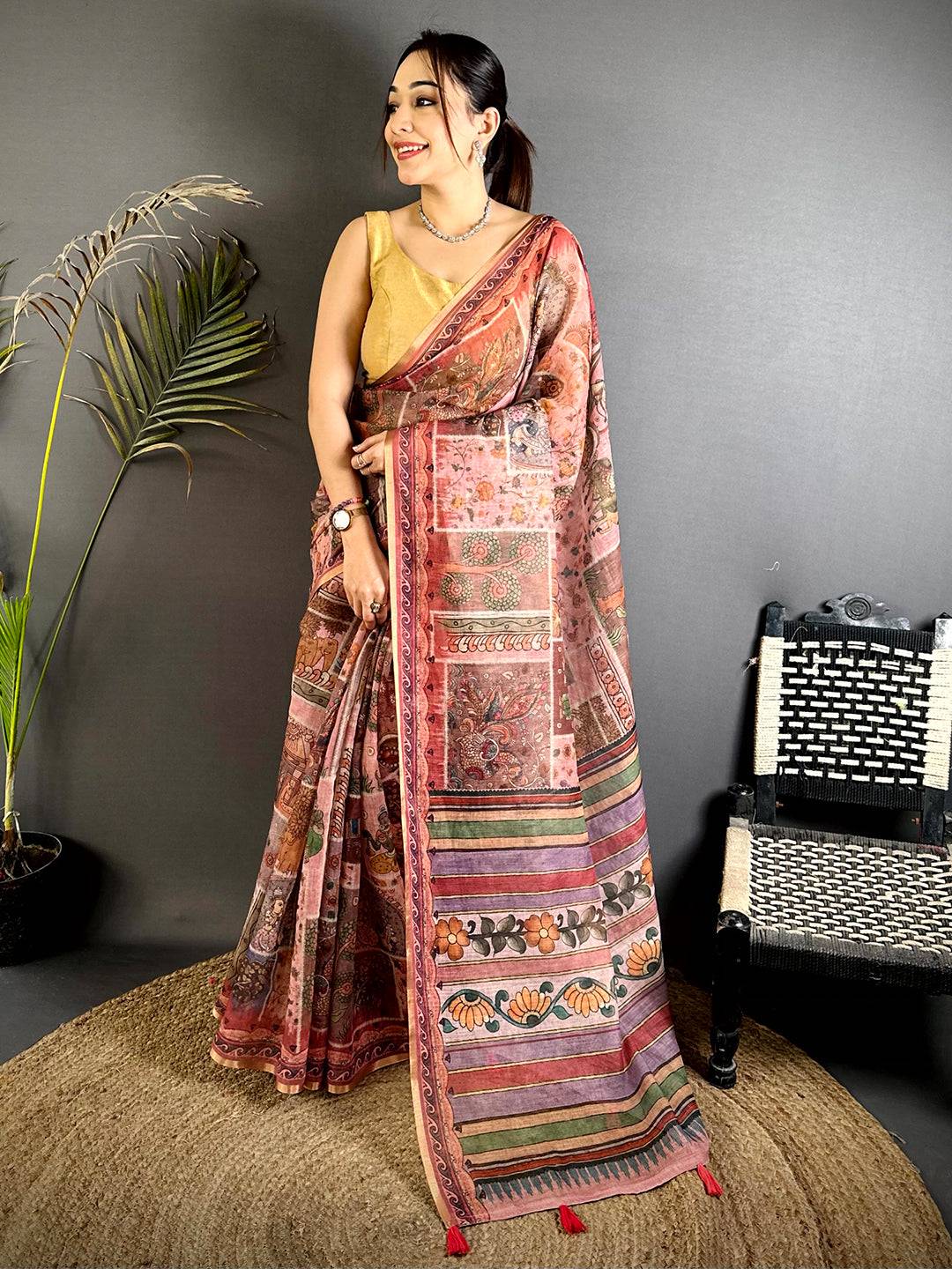 Radiant Minakari Kalamkari Linen Saree