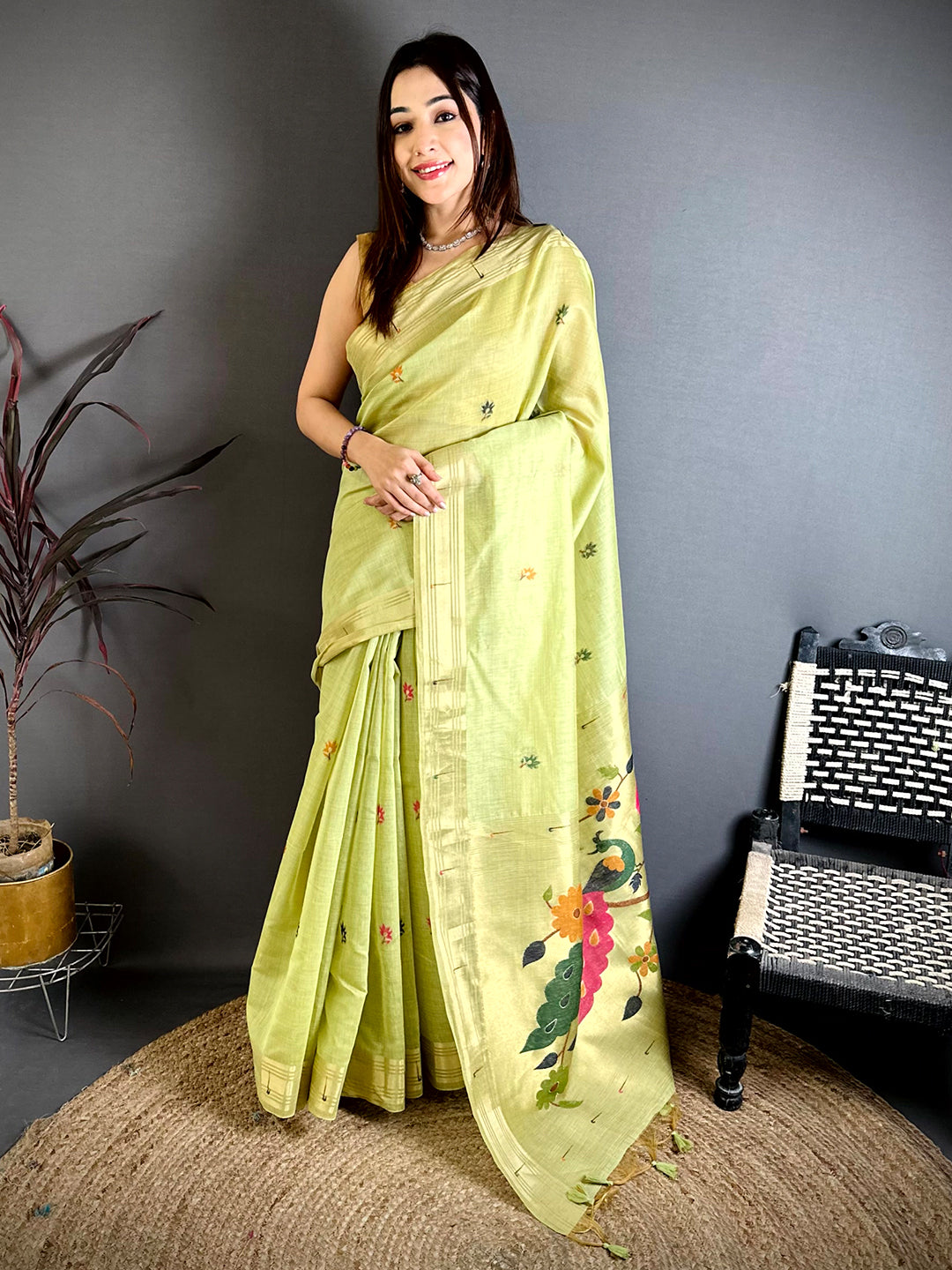 Lime Munia Minakari Khadi Saree
