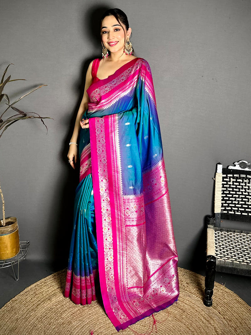 Gold Zari Woven Teal Soft Silk Saree