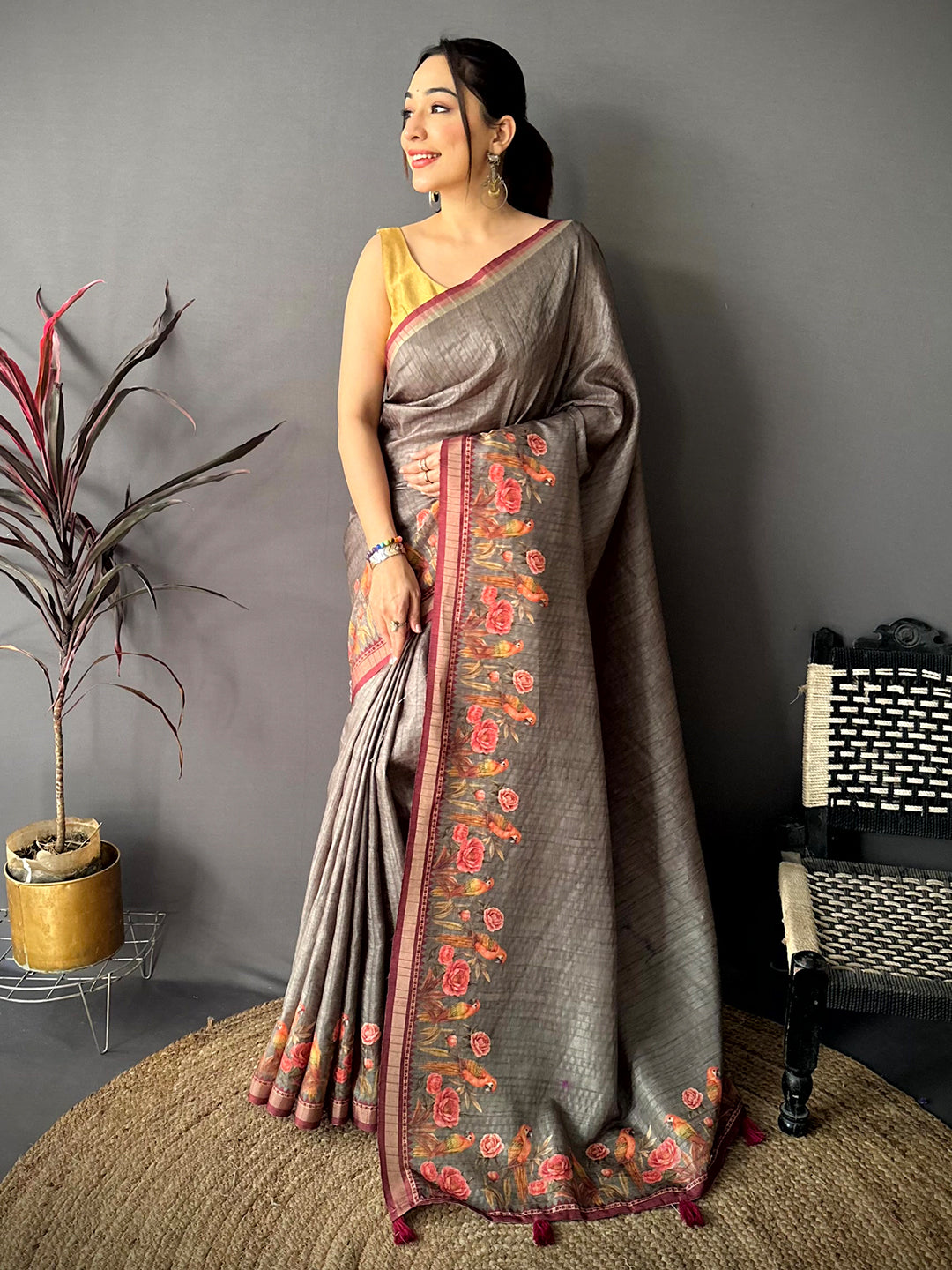 Regal Grey Ghicha Munga Saree