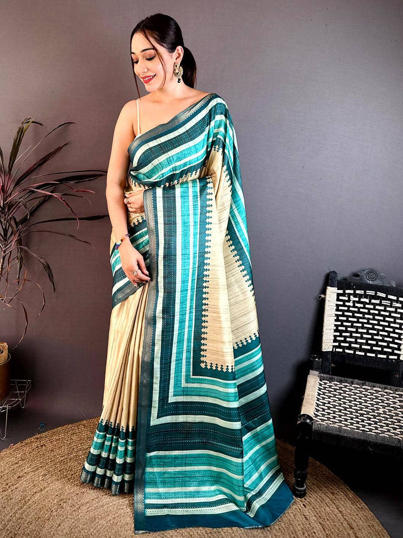 Elegant Soft Tussar Kantha Print Saree