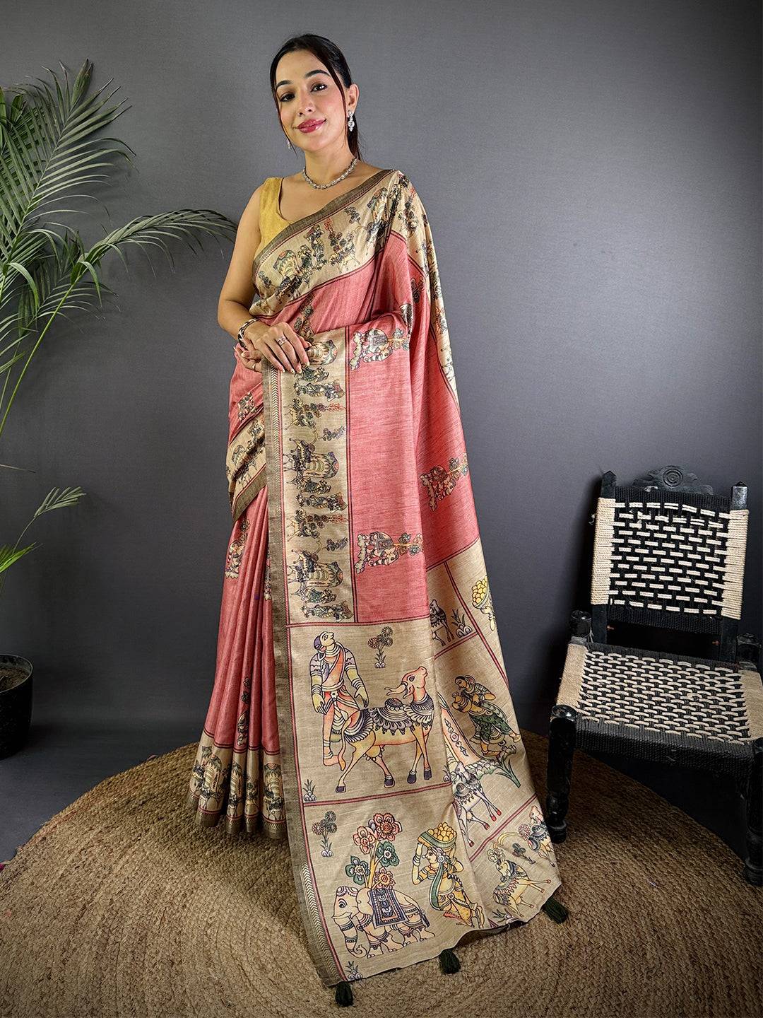 Dusty Pink Digital Kalamkari Printed Saree