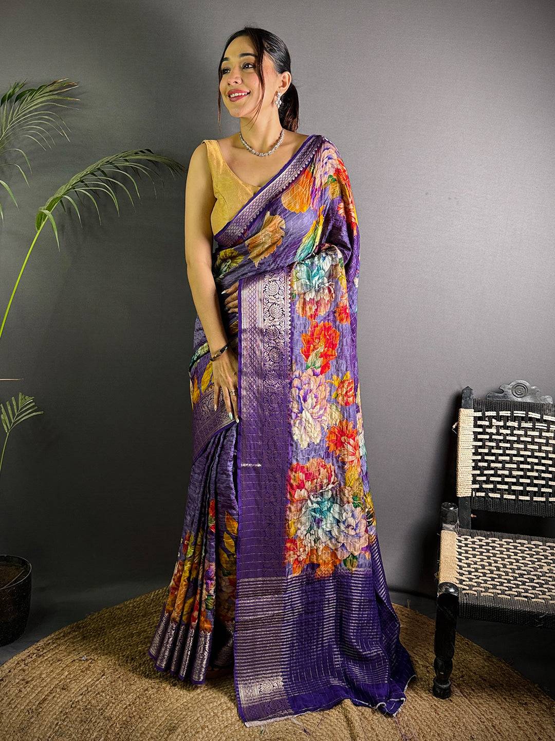 Violet Pure Viscose Kalalmkari Print Saree