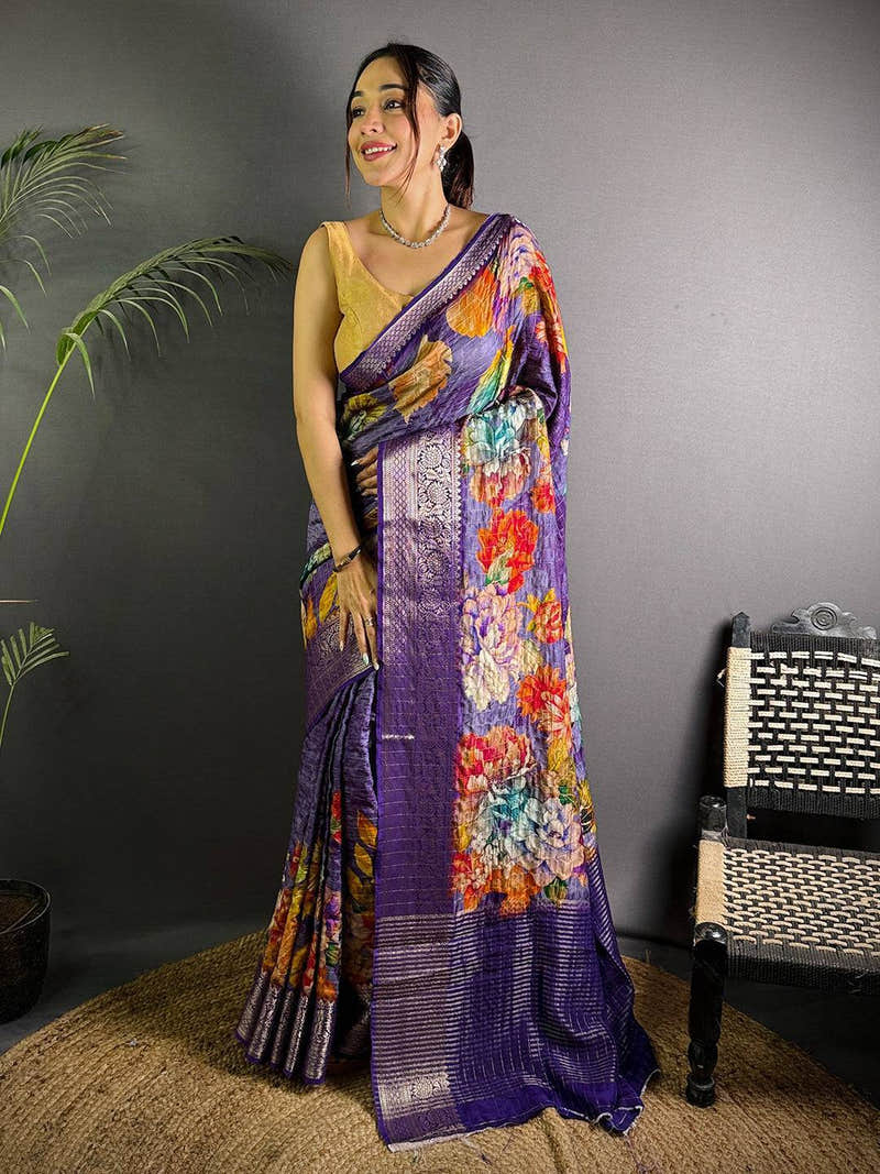 Violet Pure Viscose Kalamkari Print Saree