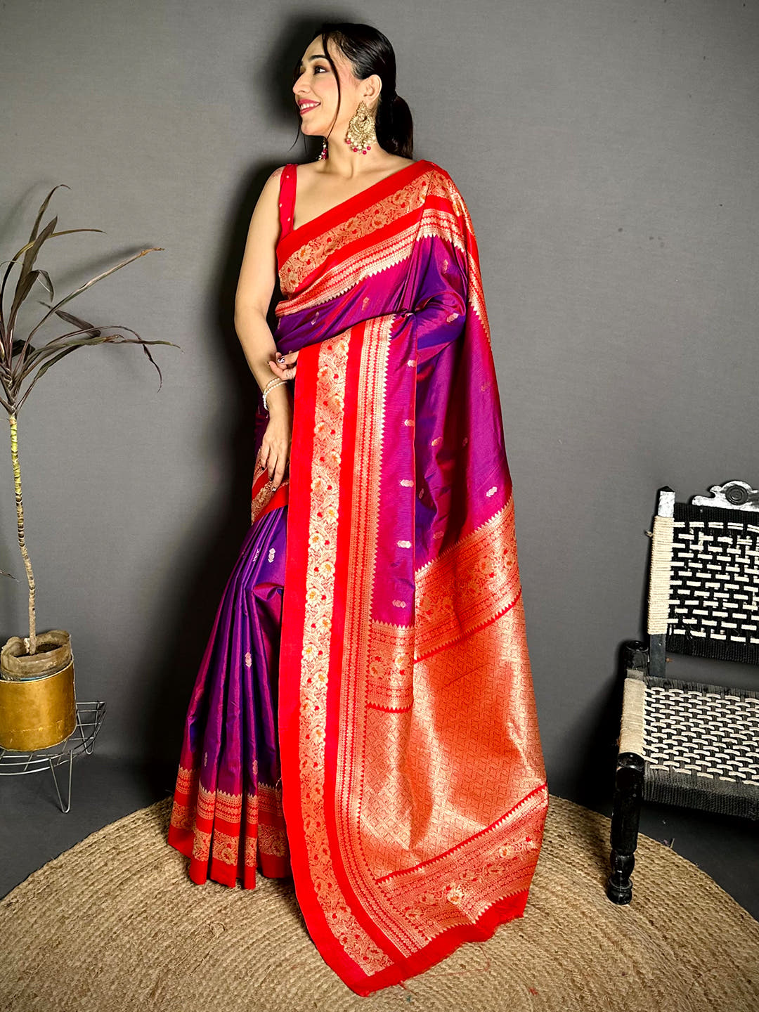 Gold Zari Woven Purple Soft Silk Saree