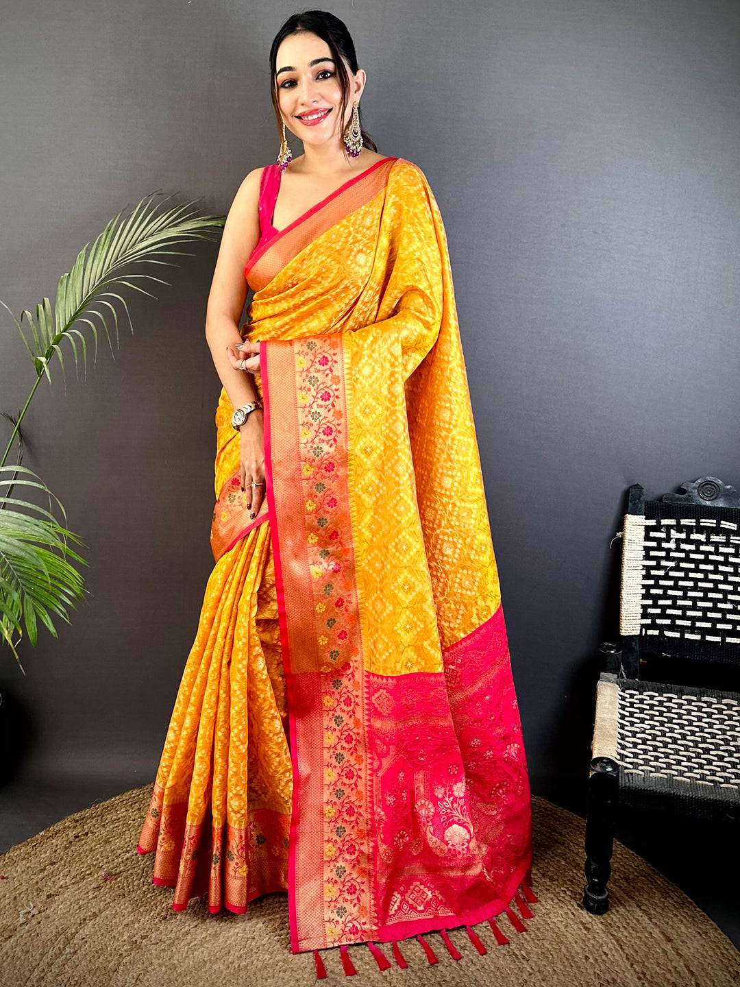 Yellow Banarasi Minakari Katan Silk Saree