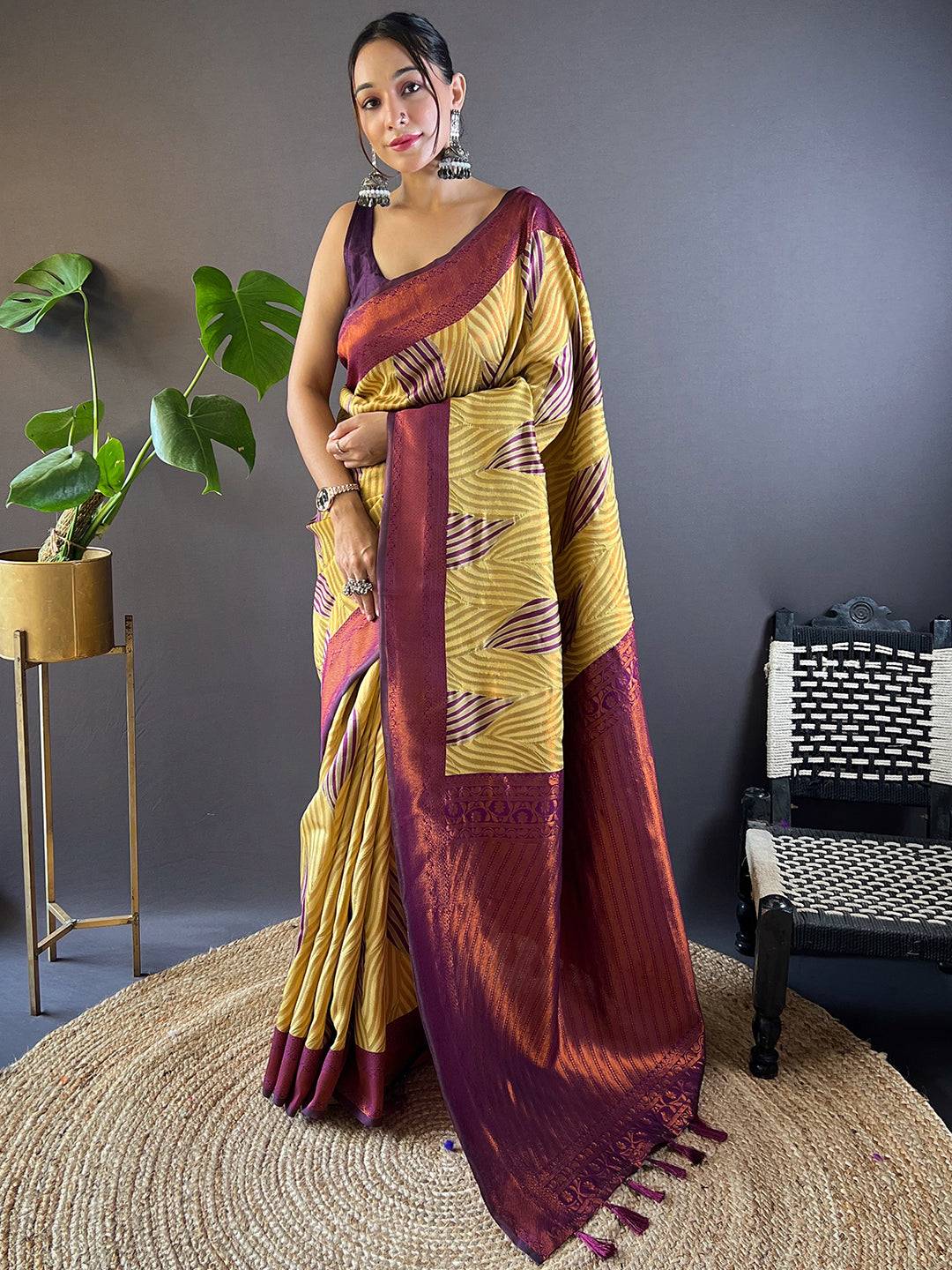 Full view of Olive Tussar Silk Ikkat Saree with intricate patterns