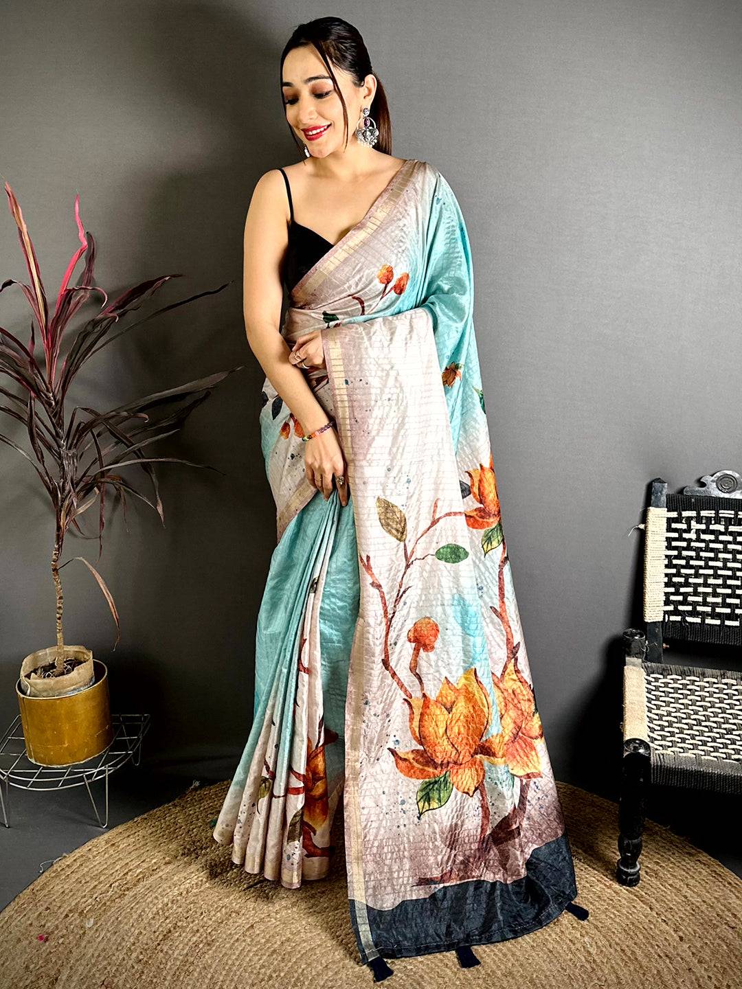 Pastel Sky Blue Ghicha Tussar Floral Saree