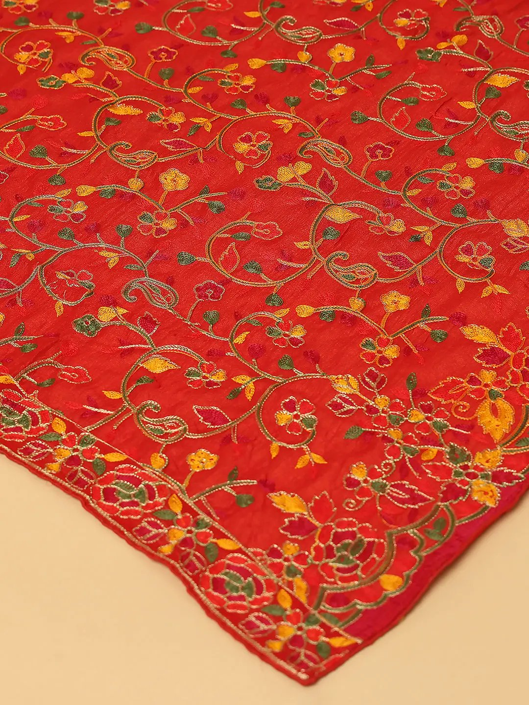 Close-up of Threadwork on Red Poly Chiffon Dupatta