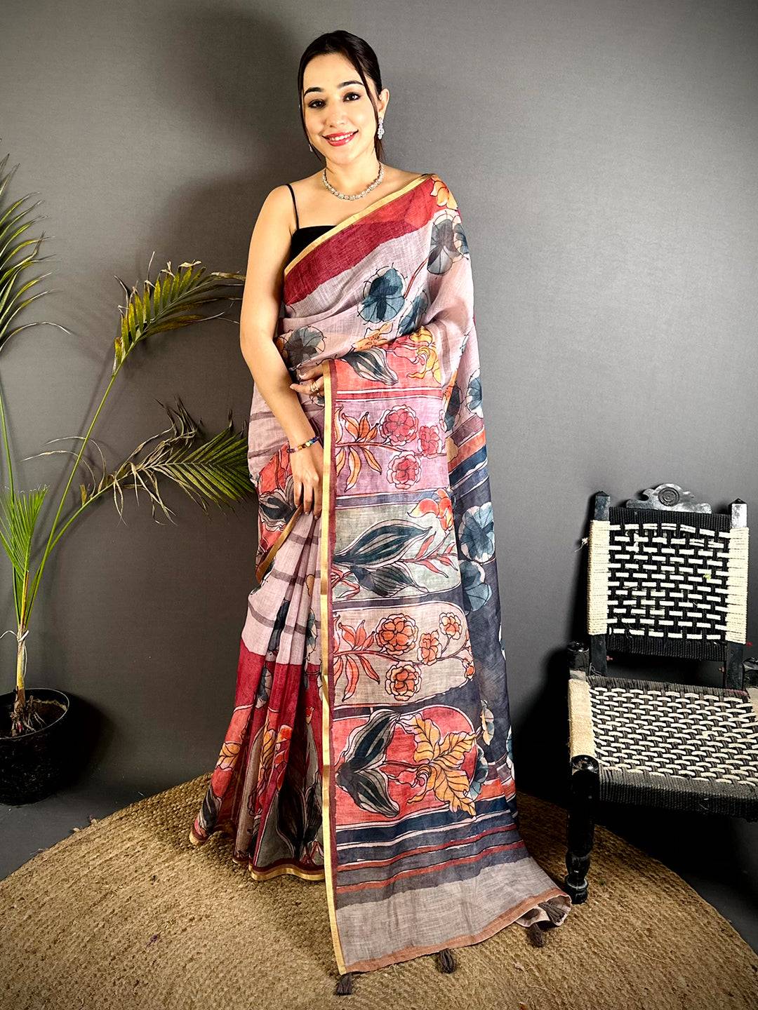 Elegant Hand Block Floral Linen Saree