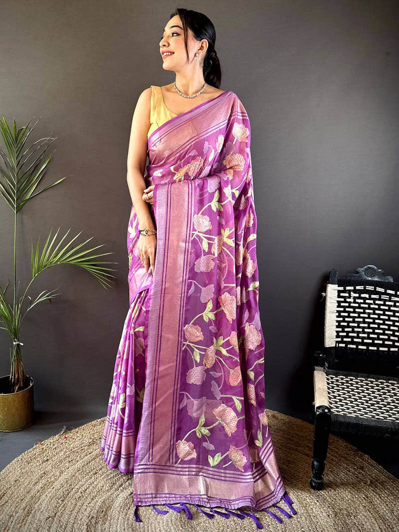 Wine Brasso Soft Mina Kari Weaving Saree