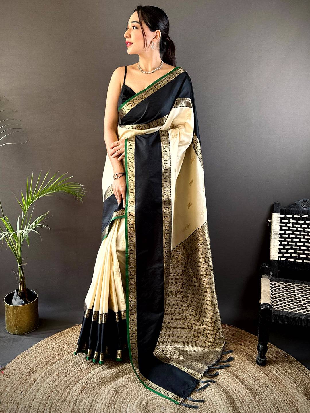Cream Gadhwal Pure Soft Silk Saree