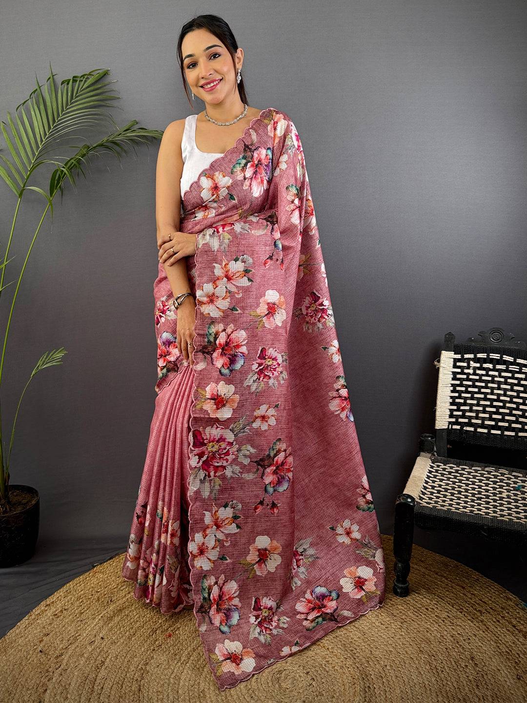 Blush Pink Kota Floral Digital Cut Work Saree