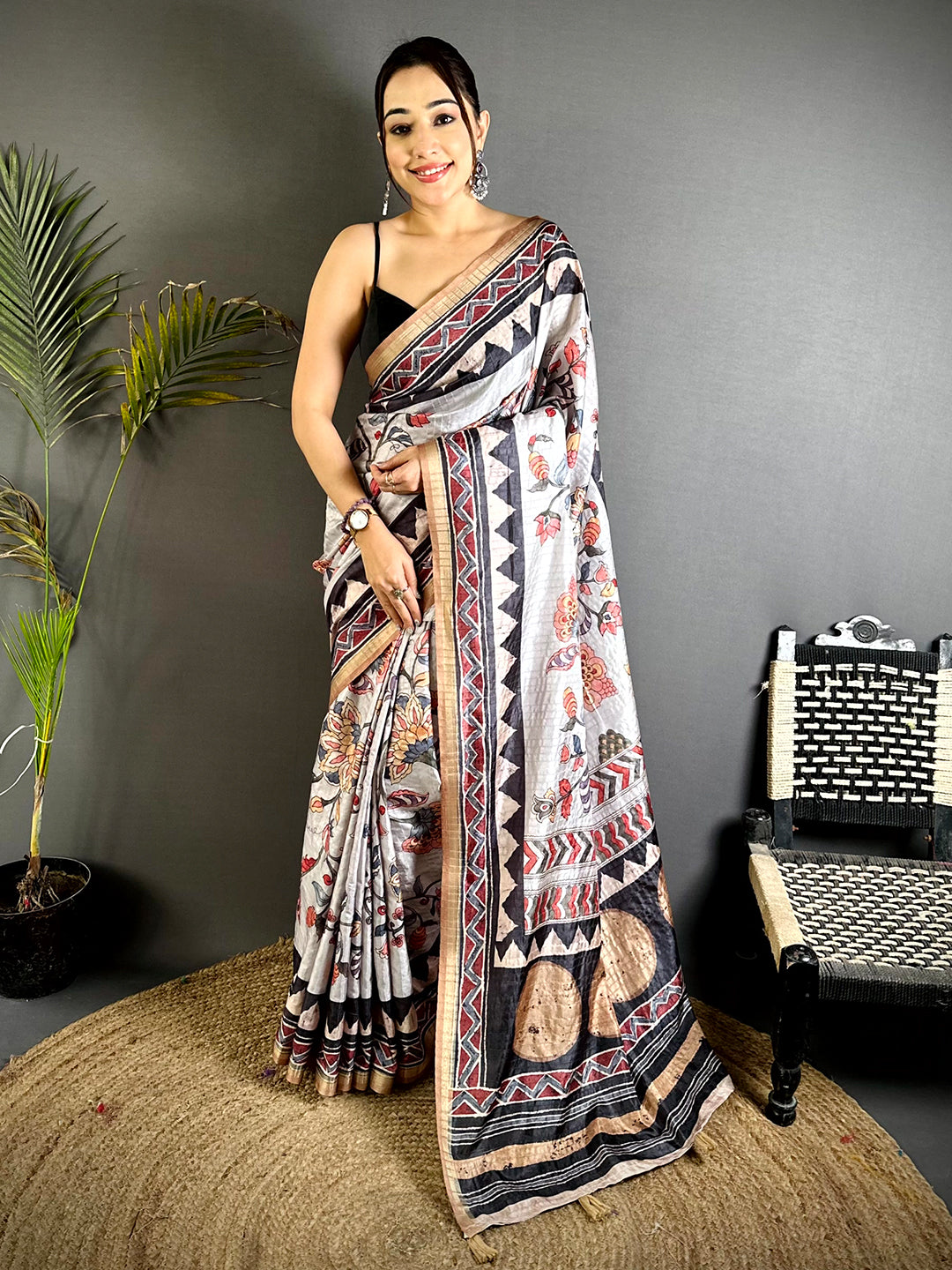 Regal Ajrakh Kalamkari Tussar Saree
