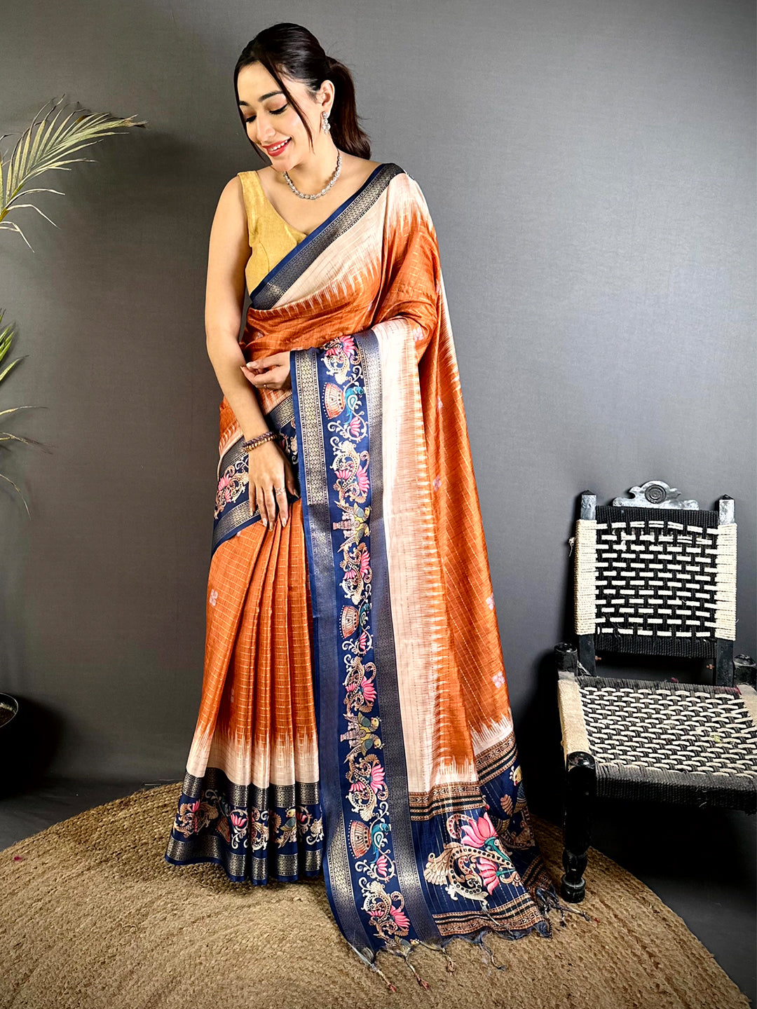 Rust Tanjore Art Semi Silk Saree