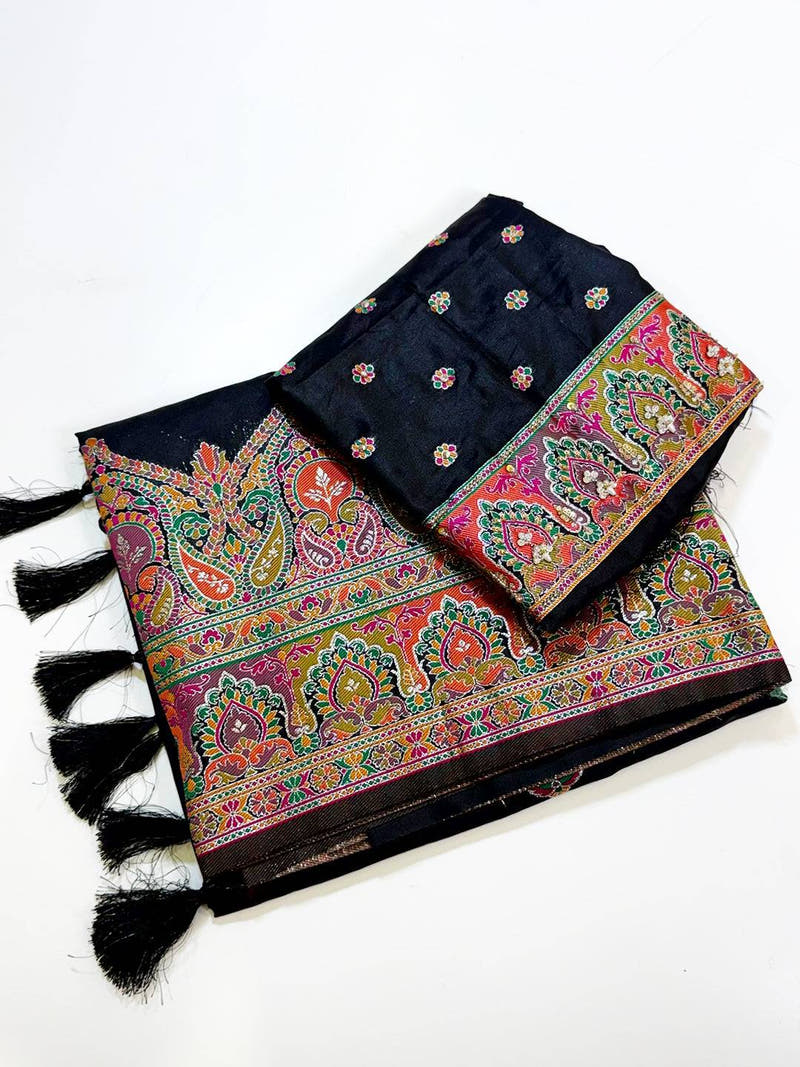 Black Ethnic Motif Silk Blend Saree With Maggam Blouse
