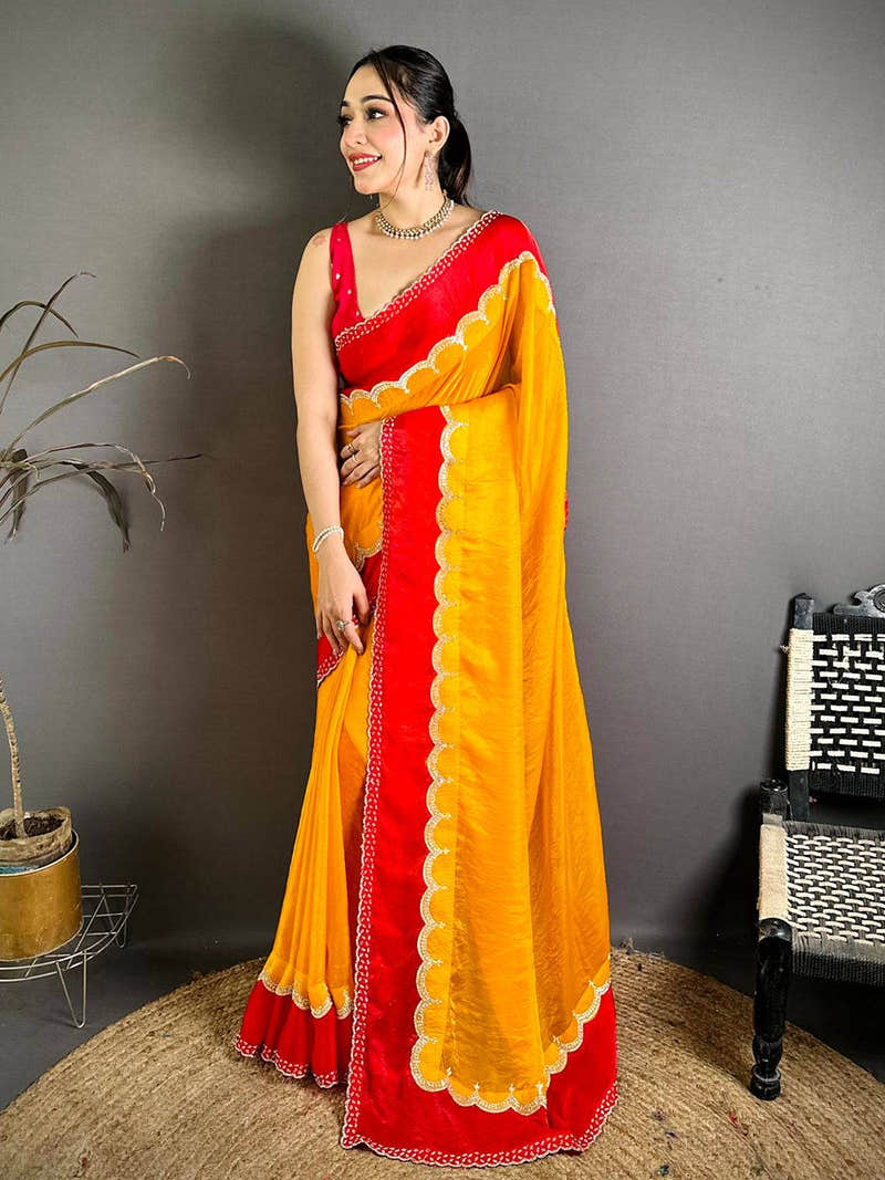 Celebrity Silky Satin Diamond Zarkon Work Saree