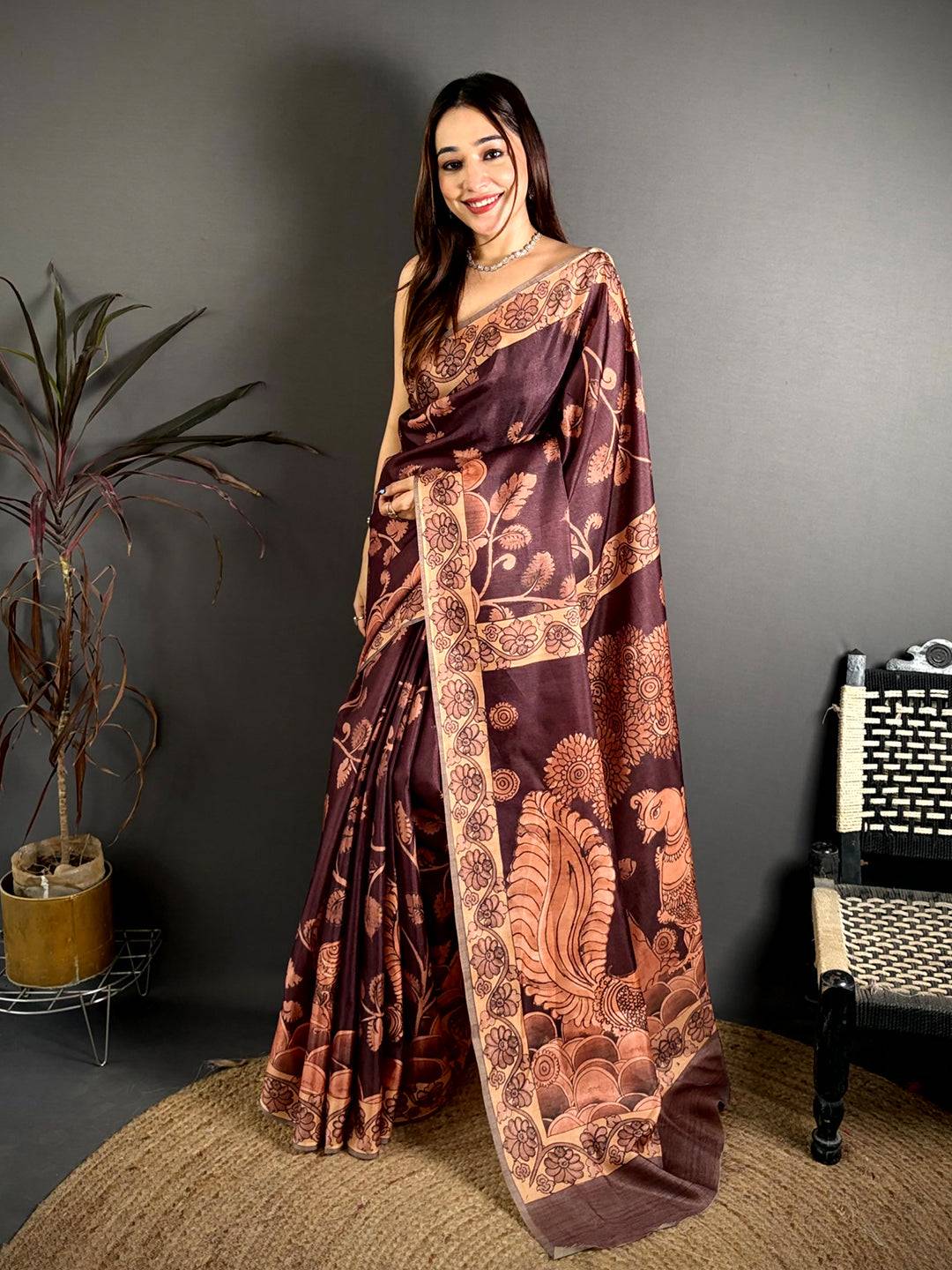 Brown Soft Tussar Kalamkari Print Saree
