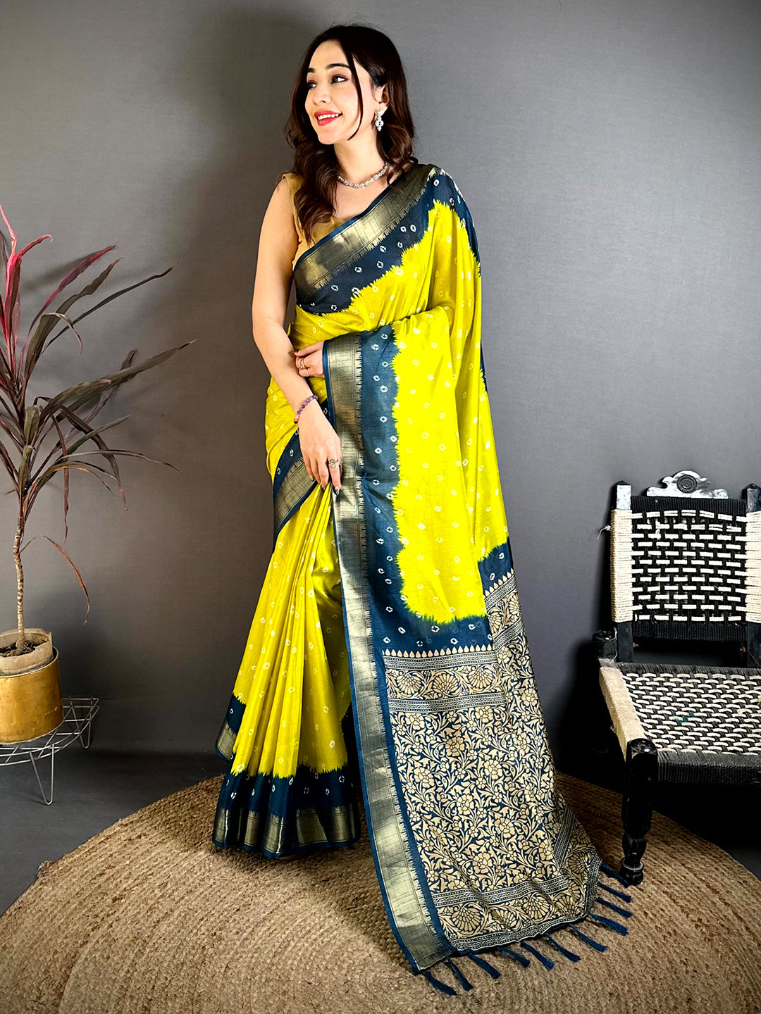 Yellow Bandhej Printed Dola Silk Saree