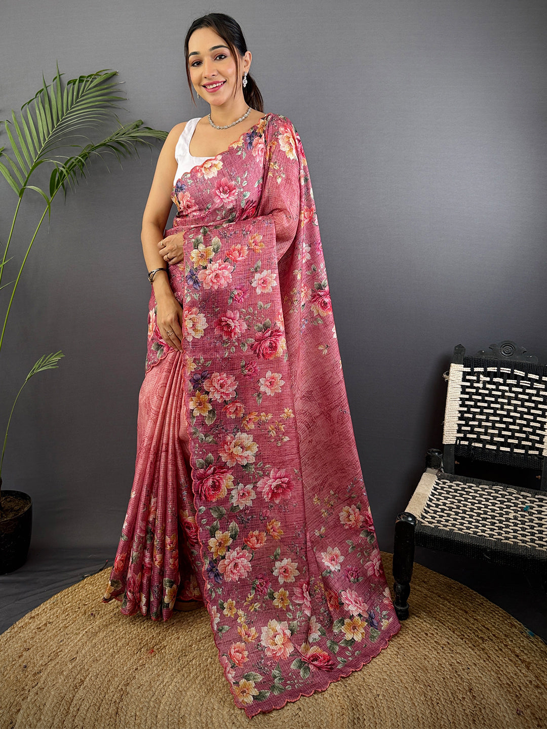 Rose Pink Kota Floral Digital Cut Work Saree