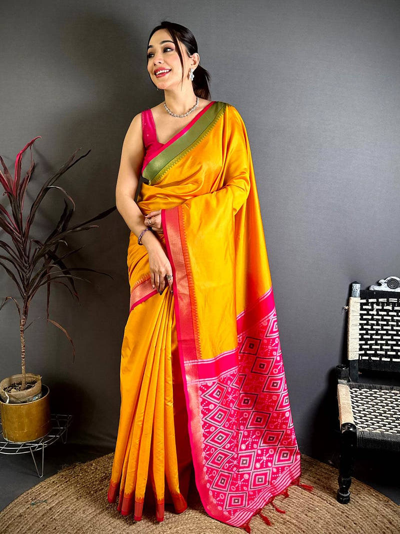 Yellow Ganga Jamuna Ikkat Katan Silk Saree