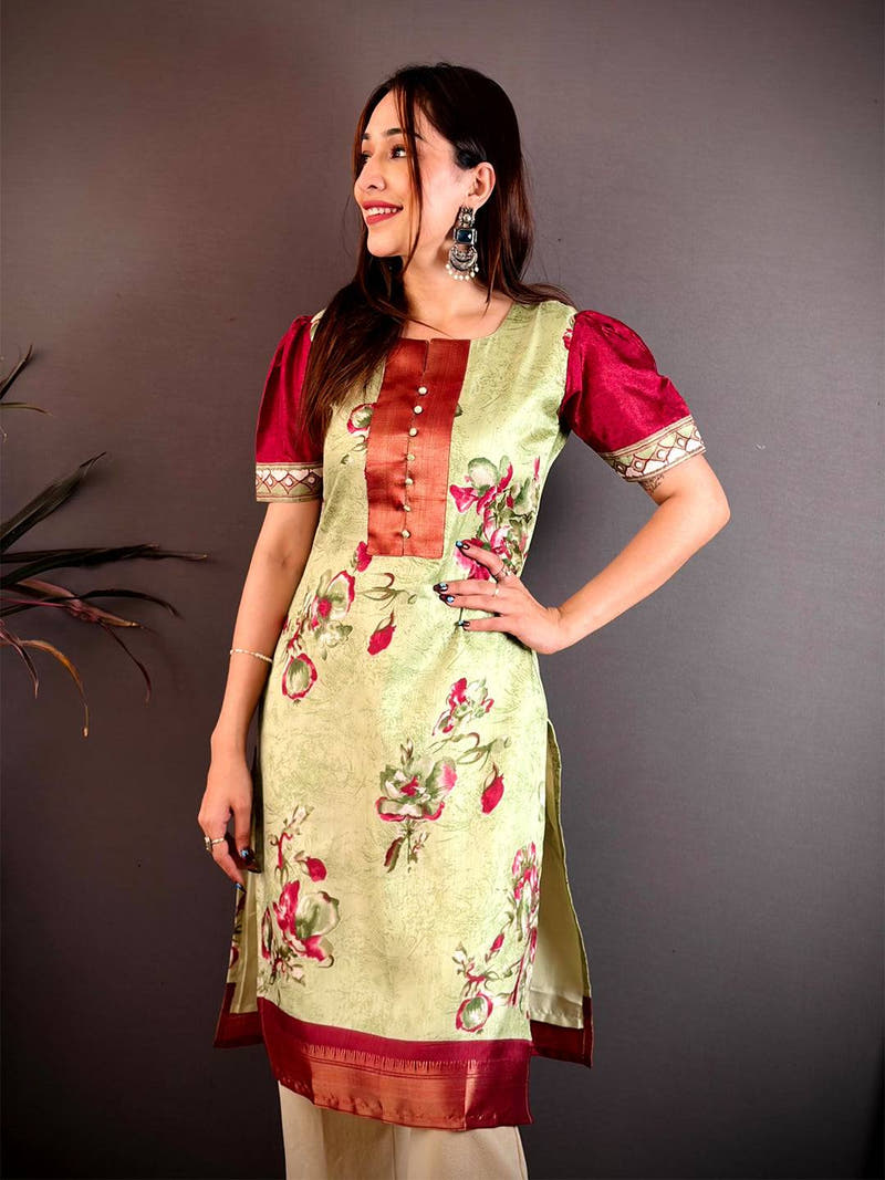 Radiant Round Neck Soft Dola Silk Kurti