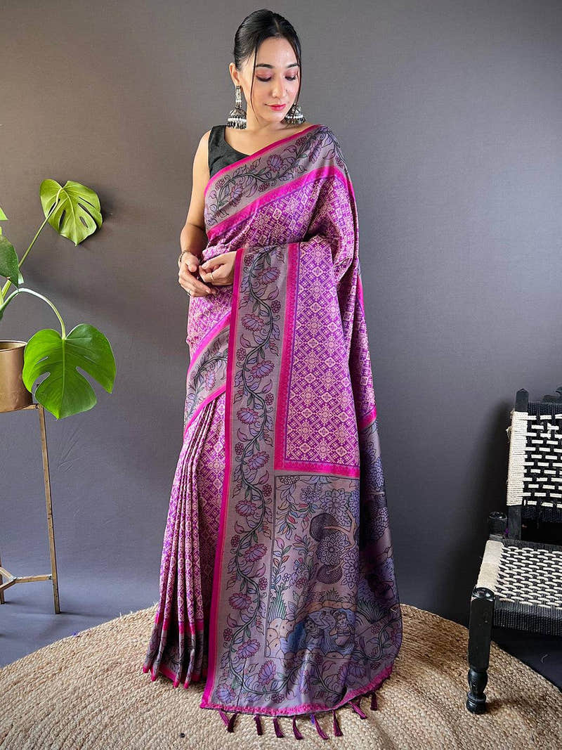 Deep Pink Patola And Kalamkari Fusion Saree