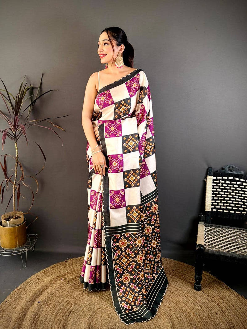 Stylish Multi Box Ikkat Print Tussar Saree