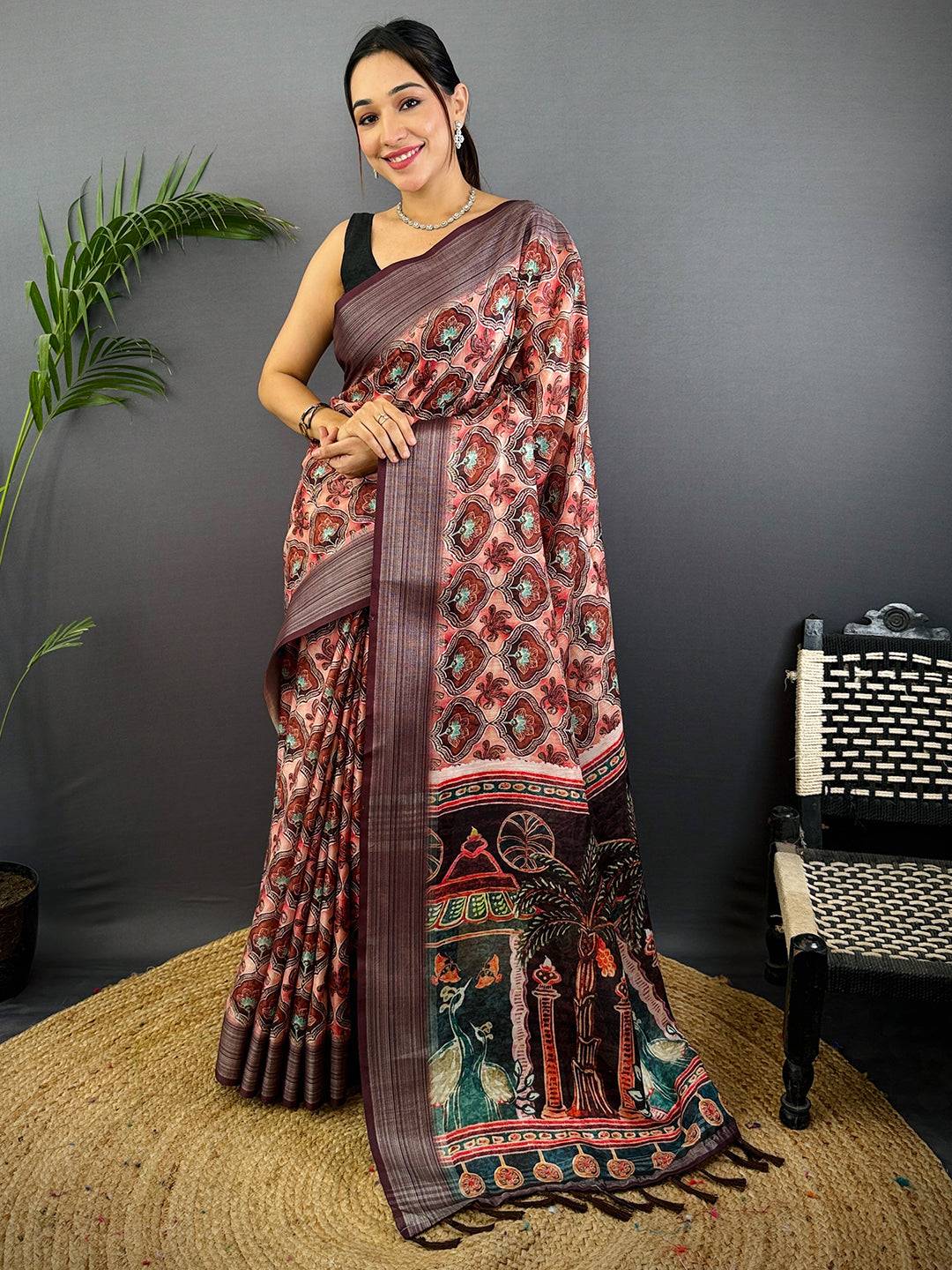 Peach Linen Block Kalamkari Print Saree