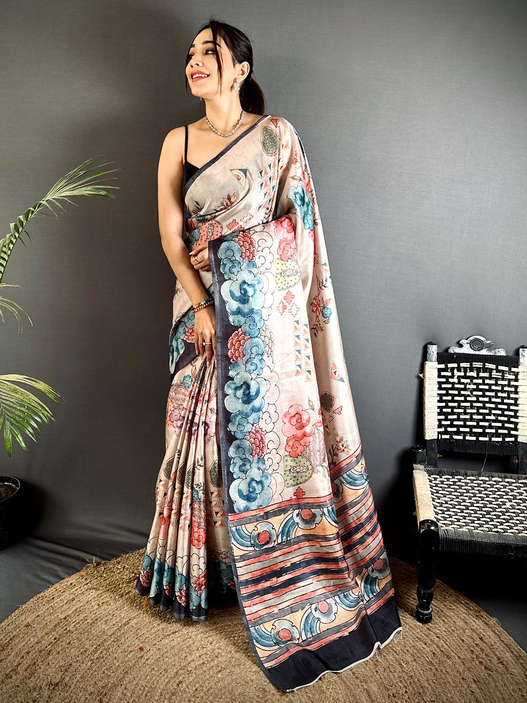 Radiance Floral Kalamkari Tussar Saree